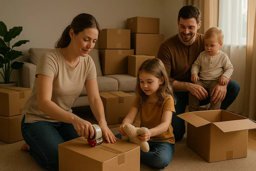 Familj med småbarn packar flyttkartonger inför flytt